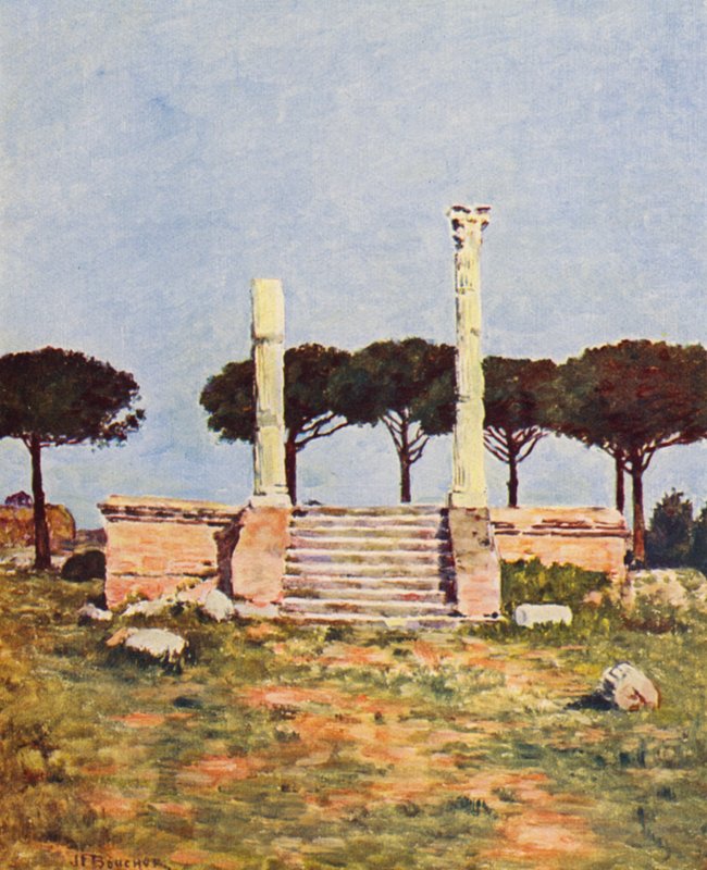 Rzym: Ostia, Piazza dei Corporatori (kolorowa litografia) autorstwa Joseph Felix Bouchor