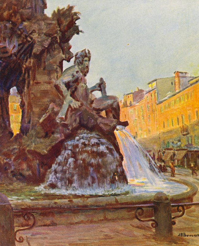 Rzym: Piazza Navona, fontanna Berniniego (kolorowa litografia) autorstwa Joseph Felix Bouchor