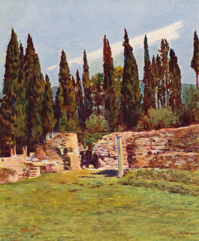 Rzym: Villa Hadriana, Kolumna Teatru Greckiego (kolorowa litografia) autorstwa Joseph Felix Bouchor