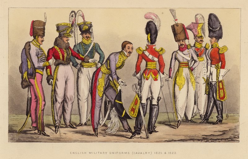 Angielskie mundury wojskowe (kawaleria) 1821 i 1822 (kolorowa rycina) autorstwa Joseph Grego