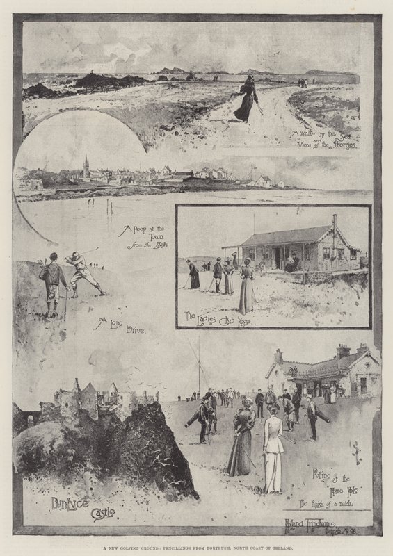 Nowe pole golfowe, rysunki ołówkiem z Portrush, północne wybrzeże Irlandii autorstwa Joseph Holland Tringham