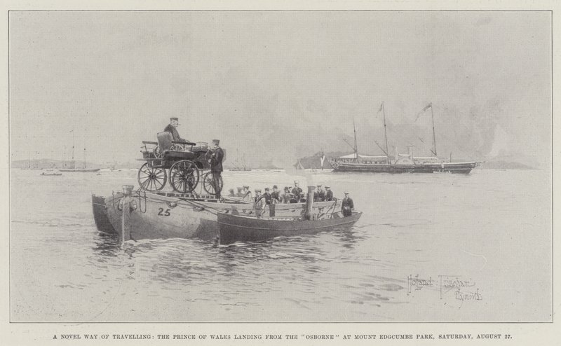 Nowatorski sposób podróżowania, lądowanie księcia Walii z Osborne w parku Mount Edgcumbe, sobota, 27 sierpnia autorstwa Joseph Holland Tringham