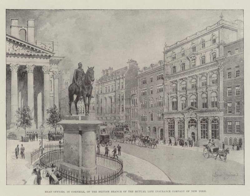 Siedziba główna brytyjskiego oddziału Towarzystwa Ubezpieczeń Wzajemnych na Życie w Nowym Jorku w Cornhill autorstwa Joseph Holland Tringham