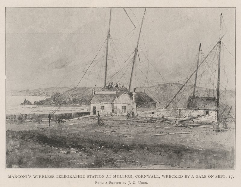 Bezprzewodowa stacja telegraficzna Marconiego w Mullion w Kornwalii, zniszczona przez wichurę 17 września autorstwa Joseph Holland Tringham
