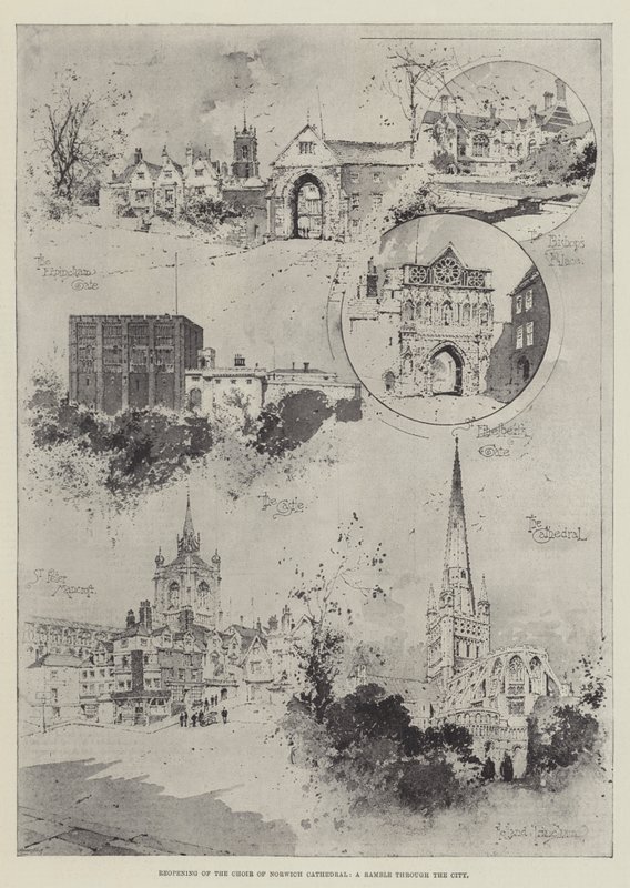 Ponowne otwarcie chóru katedry w Norwich, wędrówka po mieście autorstwa Joseph Holland Tringham