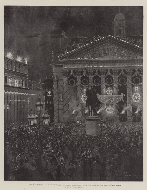 Iluminacje koronacyjne na Royal Exchange, z Bankiem Anglii po lewej stronie autorstwa Joseph Holland Tringham