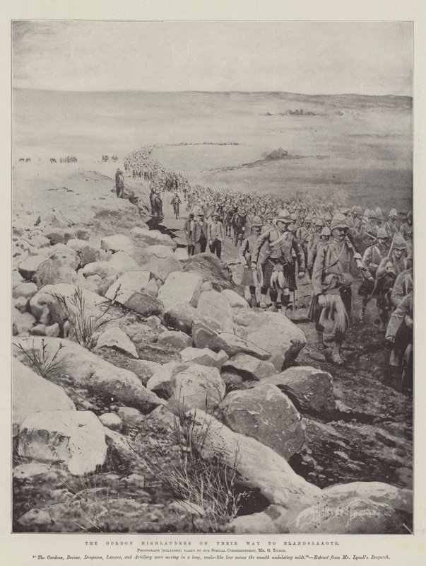 Gordon Highlanders w drodze do Elandslaagte autorstwa Joseph Holland Tringham