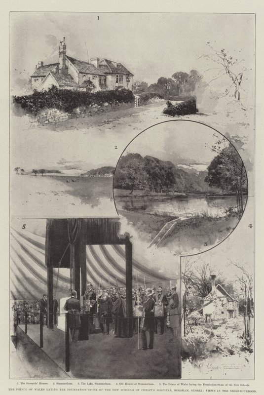 Książę Walii kładzie kamień węgielny pod nowe szkoły szpitala Chrystusa, Horsham, Sussex, Views in the Neighborhood autorstwa Joseph Holland Tringham