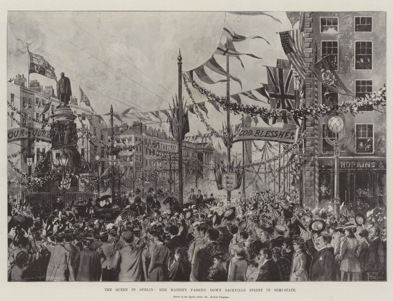 Królowa w Dublinie, Jej Wysokość przechodzi ulicą Sackville w stanie półstałym autorstwa Joseph Holland Tringham