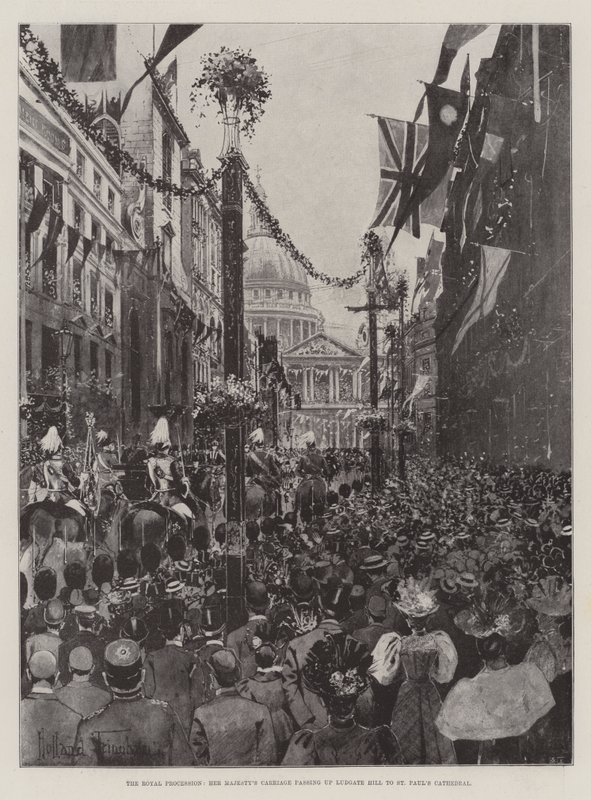 Królewska procesja, kareta Jej Królewskiej Mości przejeżdżająca przez wzgórze Ludgate do katedry św. Pawła autorstwa Joseph Holland Tringham