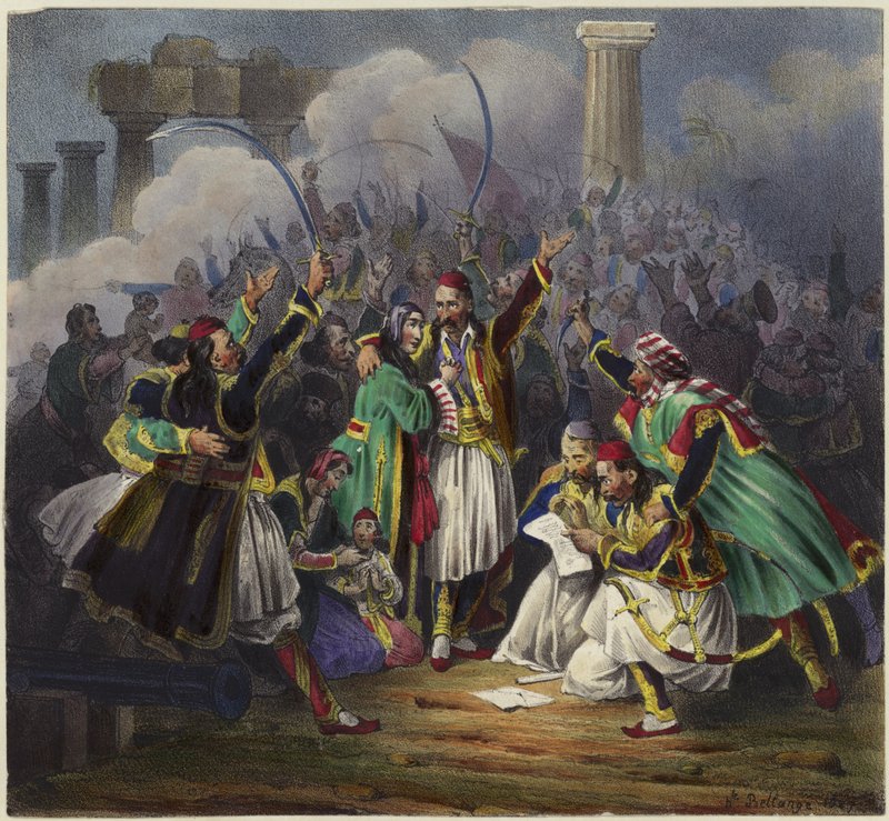 Scena uroczystości z postaciami w tradycyjnych strojach autorstwa Joseph Louis Hippolyte Bellange
