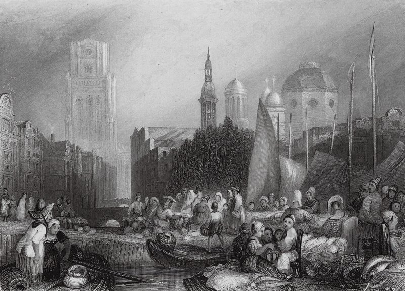 Targ rybny, Rotterdam (grawerunek) autorstwa Joseph Mallord William (after) Turner