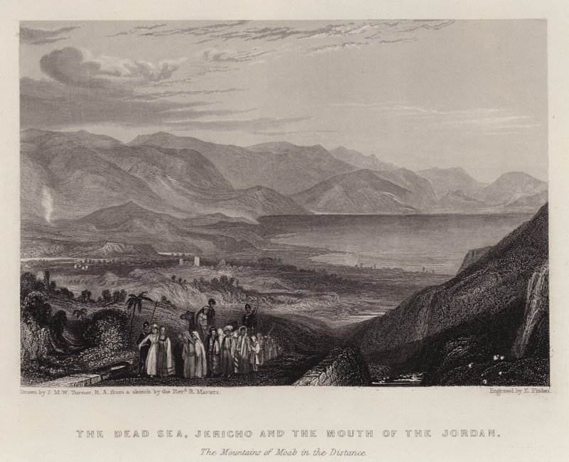 Morze Martwe, Jerycho i Ujście Jordanu, Góry Moabu w oddali (litografia kolorowa) autorstwa Joseph Mallord William (after) Turner
