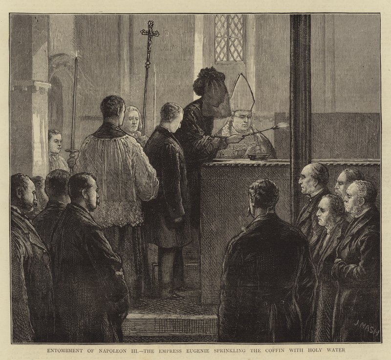 Złożenie do grobu Napoleona III, cesarzowej Eugenii kropiącej trumnę wodą święconą autorstwa Joseph Nash
