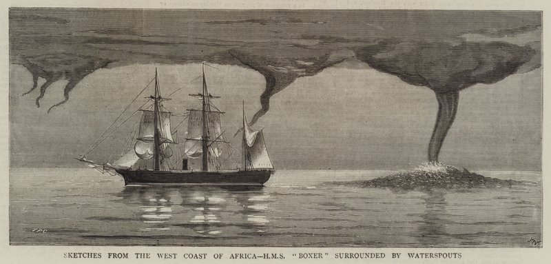 Szkice z zachodniego wybrzeża Afryki, HMS Boxer w otoczeniu Waterspouts autorstwa Joseph Nash