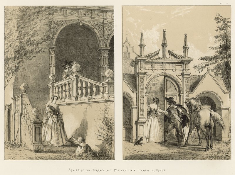 Schody na taras i brama potylna, Bramshill, Hants autorstwa Joseph Nash