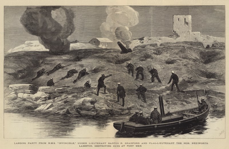 Bombardowanie Aleksandrii, desant z HMS Invincible pod dowództwem porucznika Bartona R. Bradforda i porucznika honorowego Hedwortha Lambtona niszczącego działa w Fort Mex autorstwa Joseph Nash
