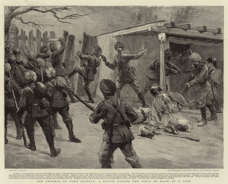 Obrona Fort Chitral, wyprawa podczas oblężenia, by wysadzić kopalnię autorstwa Joseph Nash