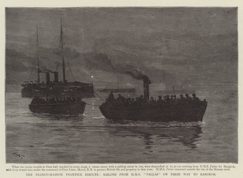 Francusko-syjamski spór graniczny, marynarze z HMS Pallas w drodze do Bangkoku autorstwa Joseph Nash