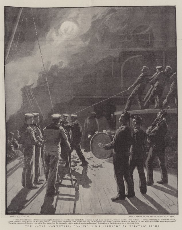 Manewry morskie, wypalanie HMS Benbow przez Electric Light autorstwa Joseph Nash