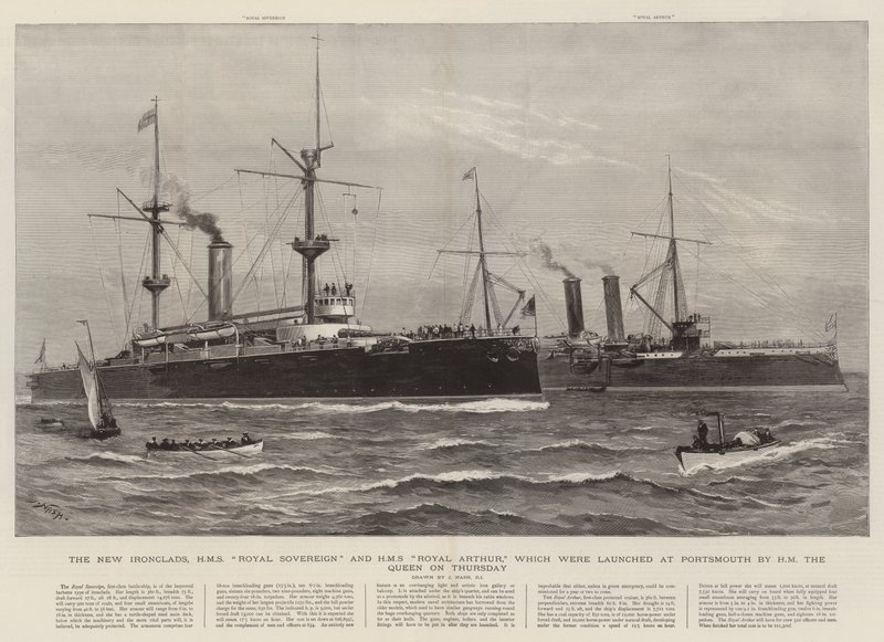 Nowe pancerniki, HMS Royal Sovereign i HMS Royal Arthur, które zostały zwodowane w Portsmouth przez królową HM w czwartek autorstwa Joseph Nash