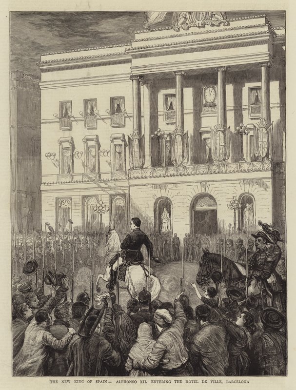 Nowy król Hiszpanii, Alfons XII wchodzący do Hotel de Ville, Barcelona autorstwa Joseph Nash