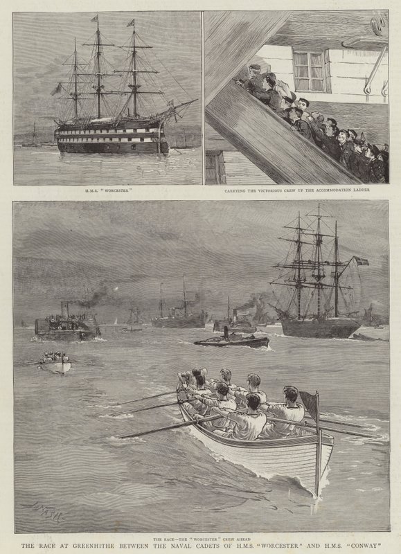 Wyścig w Greenhithe pomiędzy kadetów marynarki wojennej HMS Worcester i HMS Conway autorstwa Joseph Nash