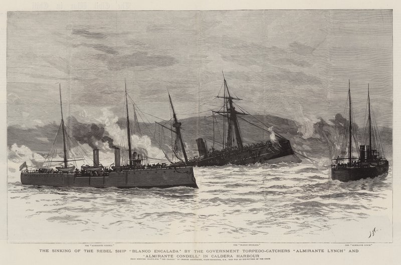 Zatopienie rebelianckiego statku Blanco Encalada przez rządowe torpedowce Almirante Lynch i Almirante Condell w porcie Caldera autorstwa Joseph Nash