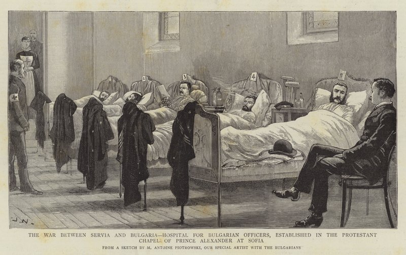Wojna między Serbią a Bułgarią, Szpital dla oficerów bułgarskich, założony w protestanckiej kaplicy księcia Aleksandra w Sofii autorstwa Joseph Nash