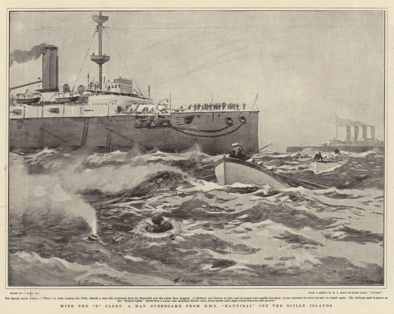 Z X Flotą, Człowiek za burtą z HMS Hannibal u wybrzeży wysp Scilly autorstwa Joseph Nash
