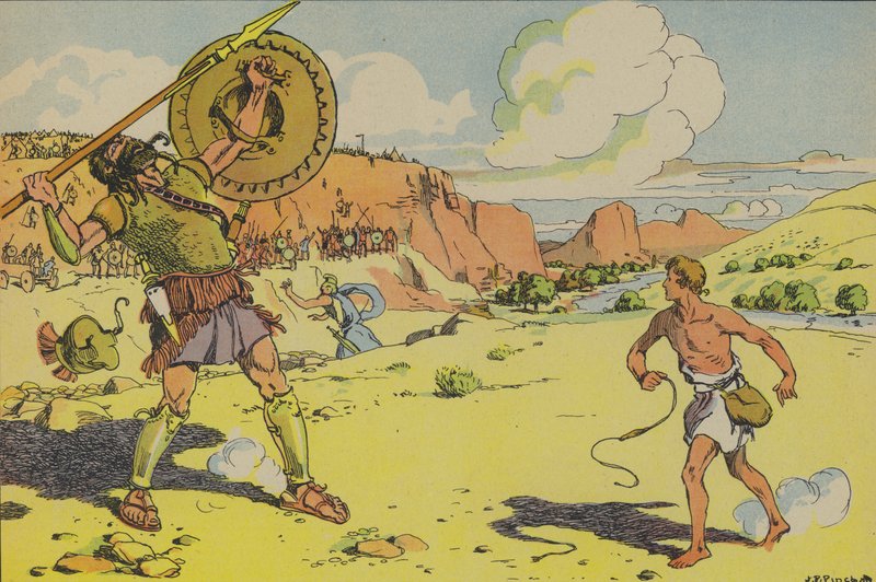 Dawid i Goliat (kolorowa litografia) autorstwa Joseph Porphyre Pinchon