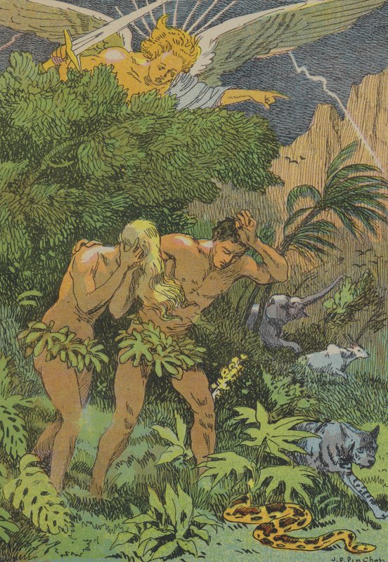 Wypędzenie Adama i Ewy z ogrodu Eden (kolorowa litografia) autorstwa Joseph Porphyre Pinchon