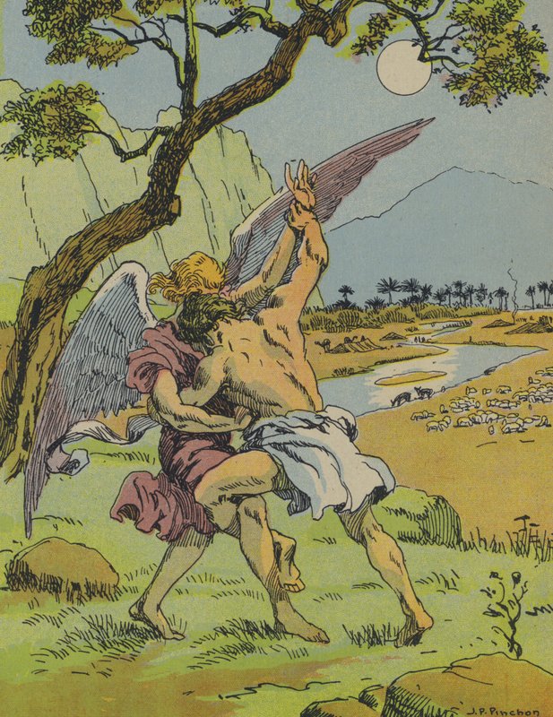 Jakub walczący z aniołem (kolorowa litografia) autorstwa Joseph Porphyre Pinchon