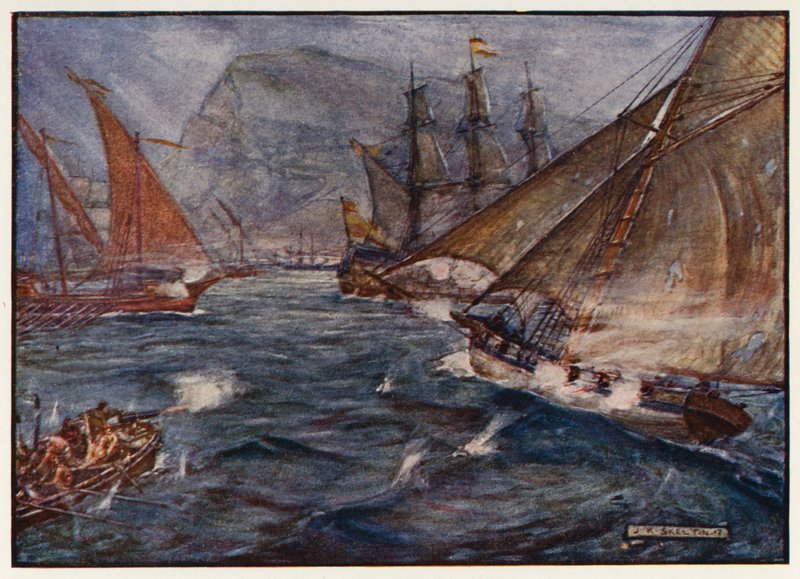 Brytyjski kuter Buck omijający hiszpańską blokadę Gibraltaru autorstwa Joseph Ratcliffe (after) Skelton