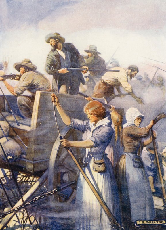 Kobiety załadowały puste pistolety (kolorowa litografia) autorstwa Joseph Ratcliffe (after) Skelton