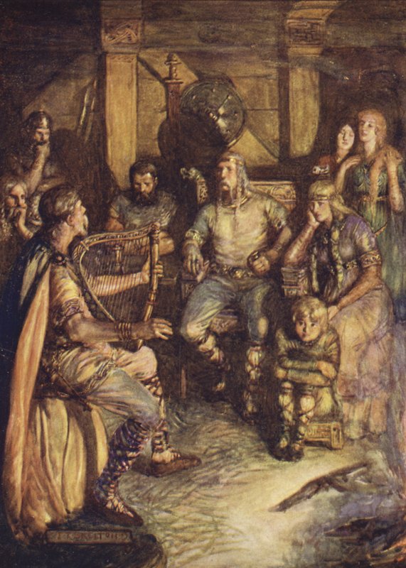 Gleeman śpiewa czyny Beowulfa (kolor lito) autorstwa Joseph Ratcliffe (after) Skelton