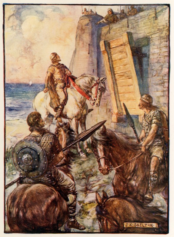 Lady Macduff odmówiła Makbetowi wstępu, podczas gdy jej mąż ucieka drogą morską autorstwa Joseph Ratcliffe Skelton
