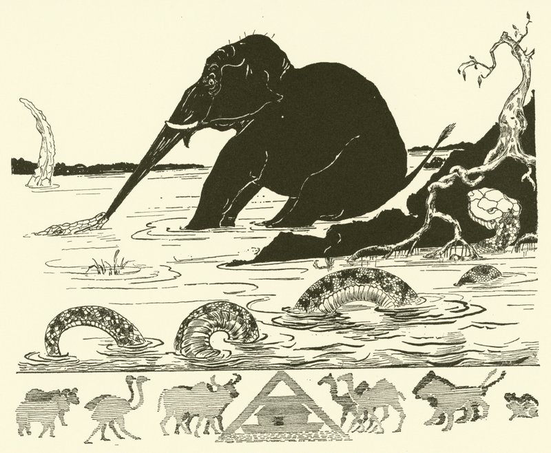 Dziecko słonia, którego krokodyl ciągnie za nos (rycina) autorstwa Joseph Rudyard (after) Kipling