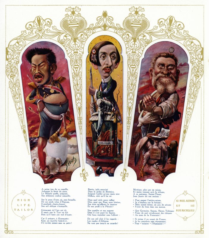 Karykatury: Cesarz Japonii Meiji; Maurice Barres, francuski pisarz i polityk nacjonalistyczny; Jean Jaures, francuski polityk (kolor lito) autorstwa Joseph Sirat