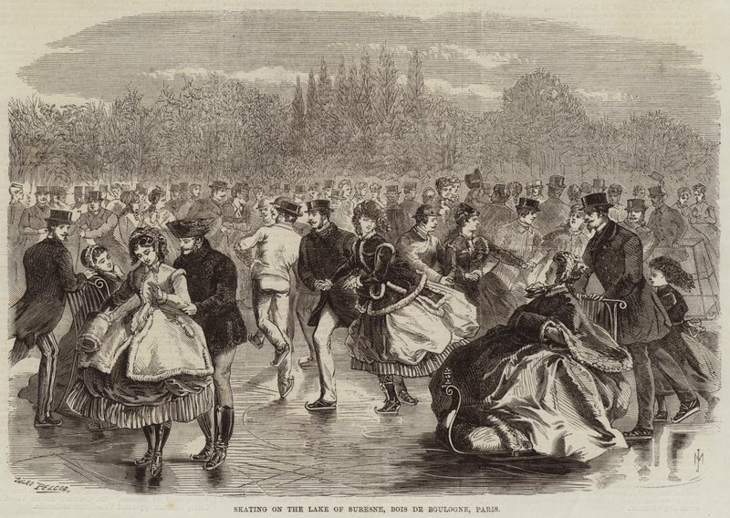 Łyżwiarstwo na jeziorze Suresne, Bois de Boulogne, Paryż autorstwa Jules Pelcoq