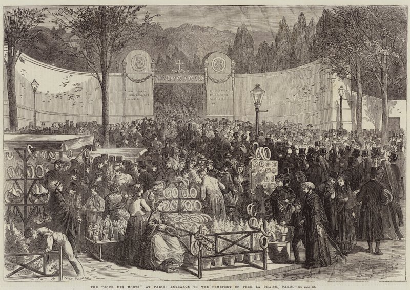 Jour Des Morts w Paryżu, wejście na cmentarz Pere La Chaise, Paryż autorstwa Jules Pelcoq