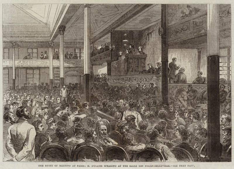 Prawo do spotkań w Paryżu, M Ducasse przemawiający w Salle des Folies-Belleville autorstwa Jules Pelcoq