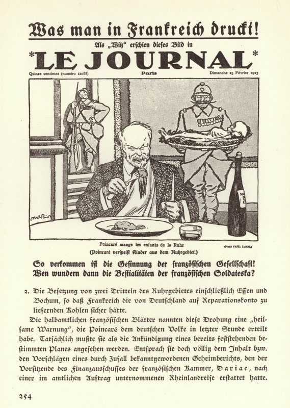 Niemiecka propaganda przedstawiająca pierwszą stronę francuskiej gazety z karykaturą przedstawiającą premiera Raymonda Poincare jedzącego dzieci Zagłębia Ruhry podczas francuskiej okupacji regionu autorstwa Jules Abel Faivre
