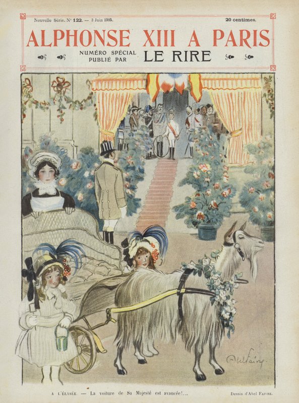 Wizyta króla Hiszpanii Alfonsa XIII w Paryżu. Ilustracja do Le Rire autorstwa Jules Abel Faivre