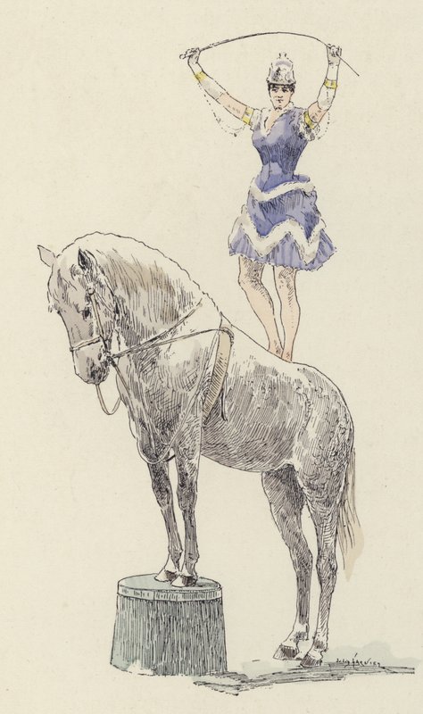 Gimnastyczka stojąca na grzbiecie konia (kolor litho) autorstwa Jules Arsene (after) Garnier