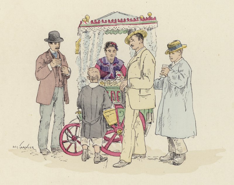 Sprzedawca lemoniady na targach (kolor litho) autorstwa Jules Arsene (after) Garnier