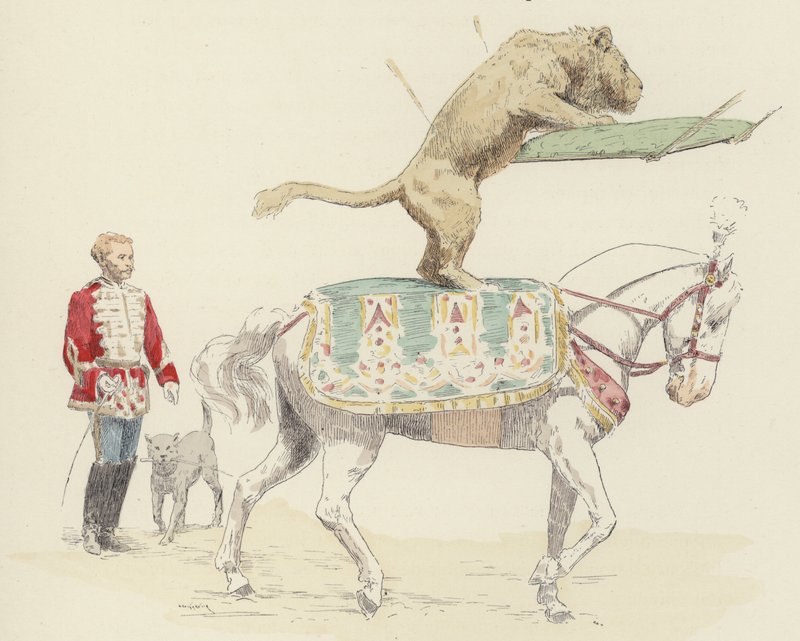 Lew balansujący na koniu (kolor litho) autorstwa Jules Arsene (after) Garnier