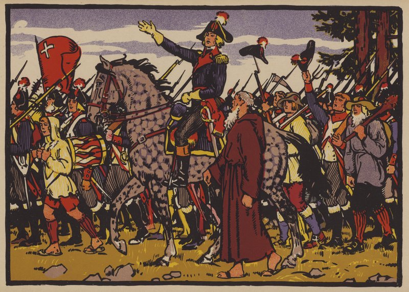 Alois von Reding i opór Schwyz przeciwko Republice Helweckiej narzucony przez rewolucyjną Francję autorstwa Jules Courvoisier