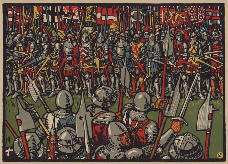 Zwycięstwo Szwajcarów nad Austriakami w bitwie pod Sempach, 9 lipca 1386 (kolor lito) autorstwa Jules Courvoisier