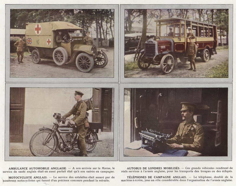 Angielski Motor Ambulance, London Bus Mobilises, Angielski motocyklista, Angielski Kraj Telefony autorstwa Jules Gervais Courtellemont